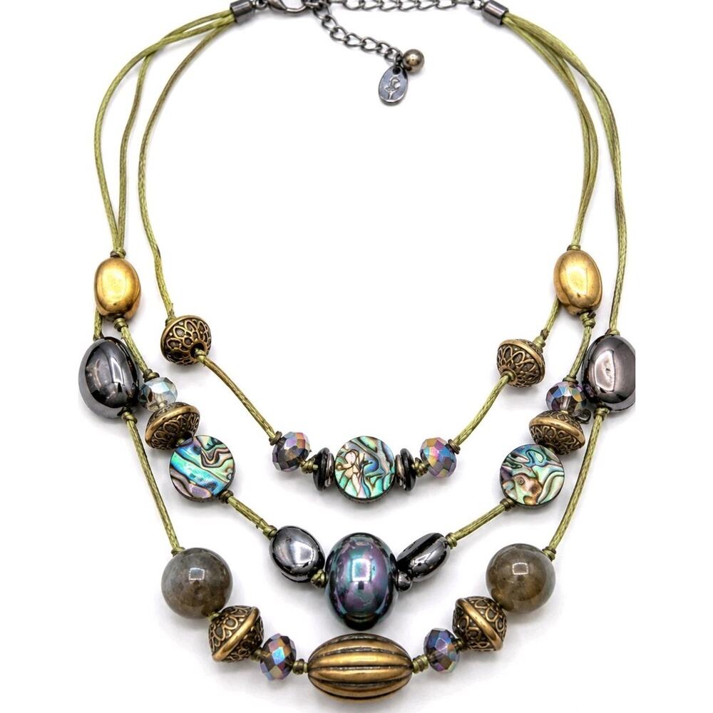 Chicos Layered Statement Necklace Abalone Shell Hematite Boho Festival Artisan